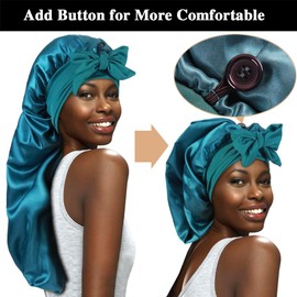 3 capó largo de satén para trenzas, capó grande y sedoso con corbata para mujeres durmiendo el cabello rizado, C - Negro, oro rosa, verde azulado, Talla única