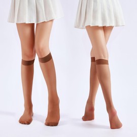 HA WA 12 Pairs Knee High Stockings for Women, Sheer Nylon Brown Calf Stockings with Reinforced Toes, One Size(Brown)