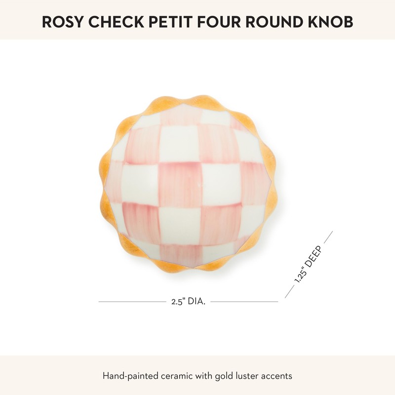 MACKENZIE-CHILDS Petit Round Knob, Decorative Drawer Pull Knob, Pink-and-White Rosy