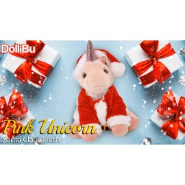DolliBu Pink Unicorn Stuffed Animal Plush Toy with Red Santa Outfit - 9 Inches