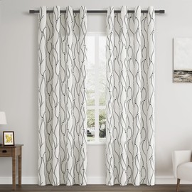 Cream Linen Textured Curtains 84 inches Long 2 Panels set for Bedroom Light Reducing Draperies Farmhouse Jacquard Grommet Curtains Black Wave Line with Stars Pattern Embroidered on Beige 52x84