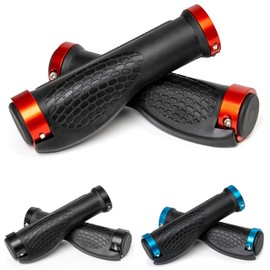 Ergonomic Bicycle Grips for Handlebar Grips up to 22 mm Diameter, Grip with 14 cm Total Length, Bicycle Handlebar Grip with End Caps and Red Mounting Rings, Bicycle Handlebar Grip for MTB, Road Bike