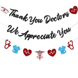 FHGG Thank You Doctors Day Decorations Banner Party Glitter Black We Appreciate You Doctor Appreciation Week National Doctor's Day Happy Day for National Home Office School Hospital Décor