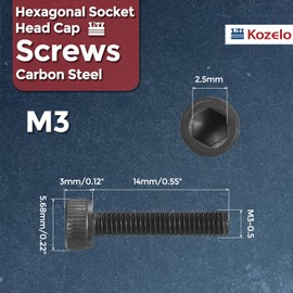 Kozelo 50pcs Socket Head Cap Screws - [M3-0.5 x 14mm] Alloy Steel Black Oxide Grade 12.9 Internal Hex Screw for 3D Printer Furniture Industrial Use, Black