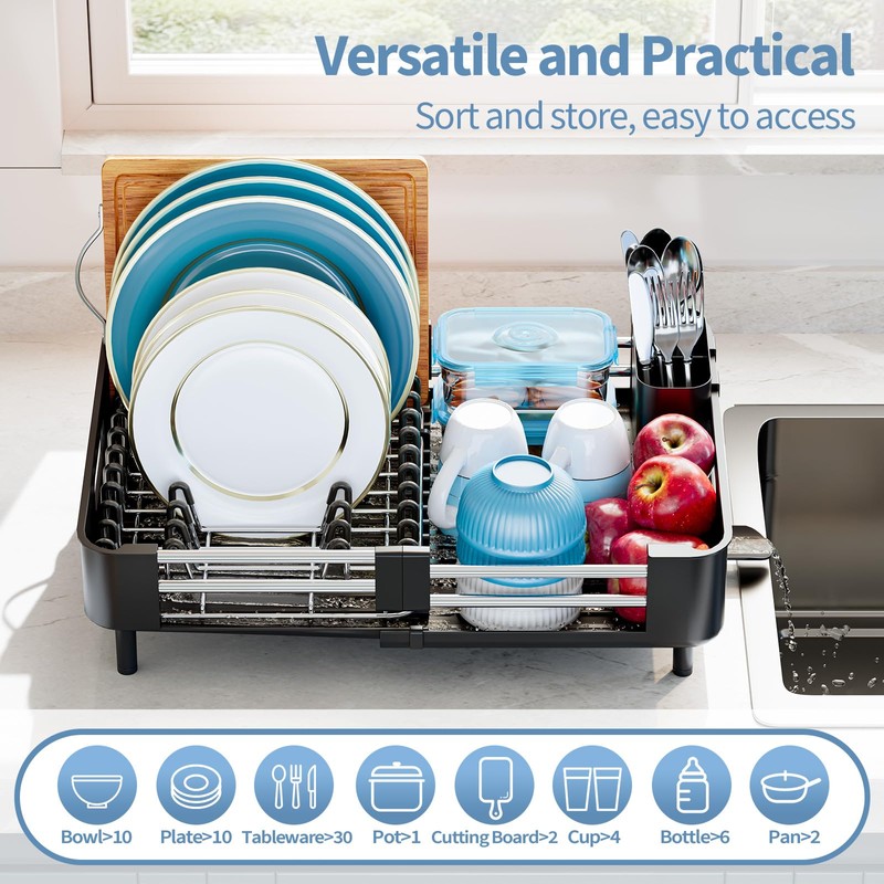 Dish Drying Rack for Kitchen Counter, Extendable Dish Rack with