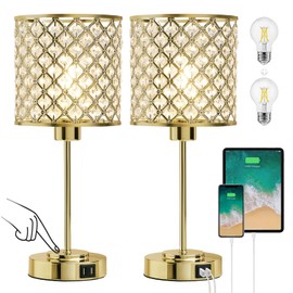 Crystal Touch Control Table Lamp with 2 USB Charging Ports 3-Way Dimmable Nightstand Lamp Set of 2 Crystal Decorative Bedside Lamps with Gold Elegant Shade for Bedroom Living Room, Bulbs Included
