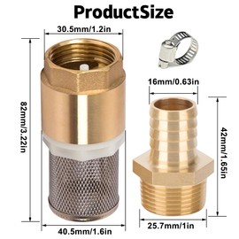Brass Check Valve 3/4 Inch, Suction Filter Set 3/4 Inch, Brass Foot Valve with Check Valve, Suction Basket, Hose Connection and Hose Clamp (Screw Thread 3/4 Inch + Hose Connection 16 mm)