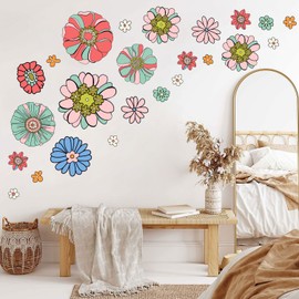 Supzone Boho Retro Floral Wall Decals - Vintage Flower Wall Stickers, Large Colorful Hippie Flower Wall Art for Bedroom, Living Room, Offices, Sofa, TV Backdrop