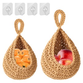 Pack of 2 Hanging Fruit Baskets, Braided Hanging Basket Kitchen for Fruit Storage, Fruit Basket Hanging Wall with Hooks, Fruit Basket in Bohemian Style for Storage Kitchen