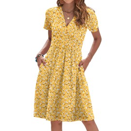 AUSELILY Womens Summer Dresses 2025 Short Sleeve V Neck Floral Sundress with Pockets, Yellow Flower M