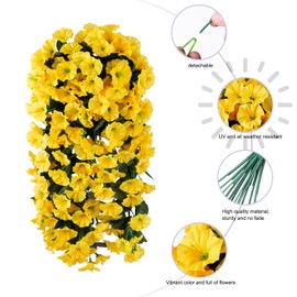 florisso Artificial Fake Hanging Plants Flowers for Outdoor Outside Fall Autumn, 2 PCS Faux Silk Look Real UV Resistant Yellow Morning Glory Vines for Home Porch Patio Planter