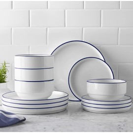 12-Piece Stoneware Dinnerware Set, White with Blue Rim, Plates and Bowls, Dishwasher Safe
