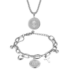 Oidea Religious Bracelets,Necklace Sets-Saint Benedict Medal Pendant Celtic Cross Christian Jewelry Stainless Steel Necklace,Silver