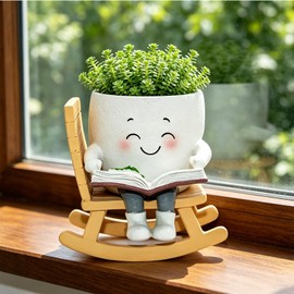 Rocking Chair Book Planter, Cute Smiley Face Succulent Plant Pots for Indoor Outdoor Plants, Unique Funny Flower Pots with Drainage Hole, Plant Gifts for Mother's Day, Birthday, Christmas