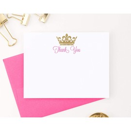 Pink and Gold Princess Thank You Cards with Envelopes (FLAT NOTE CARD), Princess Birthday Thank You Cards Girl Baby Shower, Your Choice of Quantity and Envelope Color
