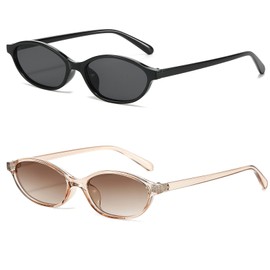 YAMEIZE Retro Oval Cat Eye Sunglasses for Women Vintage 90s Sunglasses Small Oval Glasses Narrow Shades UV400 Black+ChamBrown