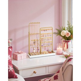 SONGMICS Jewelry Holder, Jewelry Storage Organizer Stand with Metal Frame, Velvet Tray, 12.1 to 18.7 Inches Tall Height Adjustable Necklace Holder, for Rings, Christmas Gift, Earrings, Pale Gold