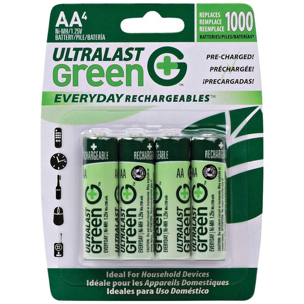 Ultralast ULGED4AA AA Green Precharged Ready-to-Use Rechargeable Batteries - 4 Pack