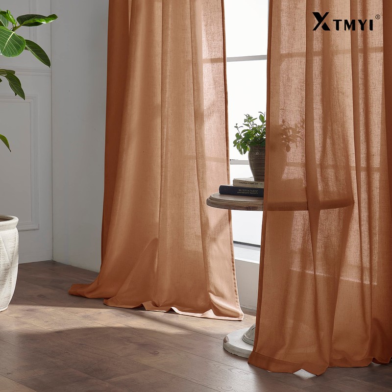 XTMYI Terracotta Country Curtains for Living Room,Sheer Linen Curtains for