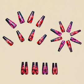 French Press on Nails Butterfly Fake Nails Long Coffin Glue on Nails Gradient Stick on Nails Glossy Full Cover Artificial Acrylic False Nails Multiple Colors to Choose from Reusable Nails for Women