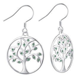 YL Tree Earrings Sterling Silver Tree of Life Hook Earrings Round Created Emerald Dangle Drop Jewelry for Women