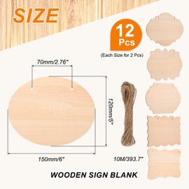 MECCANIXITY Unfinished Hanging Wood Sign Blank with Ropes 6"x5" Unfinished Wood Crafts Boards Wooden Plaques for Crafts DIY Burning Carving Door Wall Decoration, 6 Kinds of Styles, Pack of 12