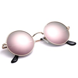 Pro Acme Small Round Polarized Sunglasses for Men Women Circle Retro Shades Metal Hippie Sunglasses UV400 （Gold Frame/Pink Mirrored Lens）