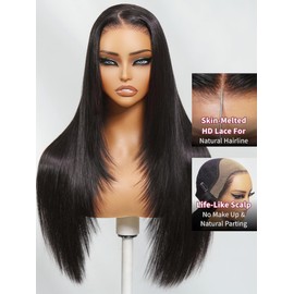 UNICE HD Real Scalp Wig 13x4 HD Lace Front Wigs Human Hair Black Layered Straight Glueless Frontal Wig Pre Plucked Pre Cut Bleached Knots Natural Hairline 180% Density 18 inch