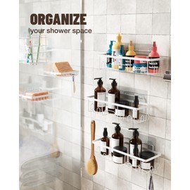 Veken Adhesive Shower Caddy 6-Pack,Heavy Weight Bearing,Large Wall Mounted Shower Shelves Rack,Organizer Storage Accessories with Soap Dish&Toothbrush Holder,Ideal for Bathroom,Home&Kitchen,White