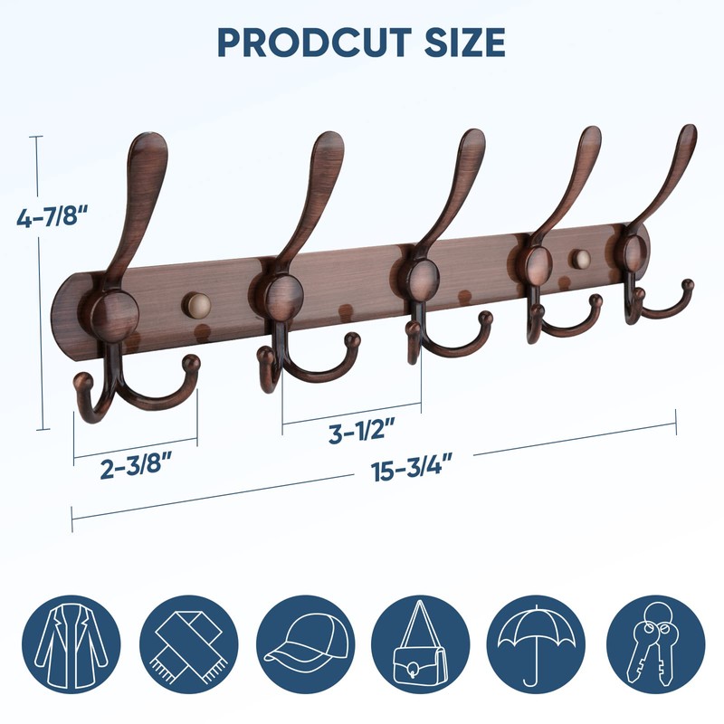 TICONN Wall Mounted Coat Rack, Five Heavy Duty Tri Hooks