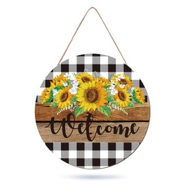 Whaline Sunflower Wooden Hanging Sign Welcome Sign Front Door Decorations Buffalo Plaid Rustic Farmhouse Wreath Sign for Spring Summer Holiday Home Coffee Shop Bakery Indoor Outdoor Wall Window