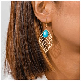 Cimenexe Bohemian Leaf Turquoise Drop Earrings Gold Hollow Leaf Earrings Tiny Tear Turquoise Earrings Tribal Turquoise Leaf Dangle Earrings Jewellery for Women and Girls