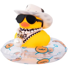 wonuu Rubber Duck Car Decorations Cute Car Accessories Dashboard Car Ornament with West Cowboy Hat Swim Ring Colour Necklace and Sunglasses,B_White Scarf Pearl Pendant Chain
