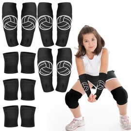 Sosation 3 Set Volleyball Arm Sleeves and Knee Pads for Kids Soft Forearm Sleeves with Protection Pad Thumbhole Volleyball Accessories for Training Youth Girls Boys 5-8 Years Old (Black)