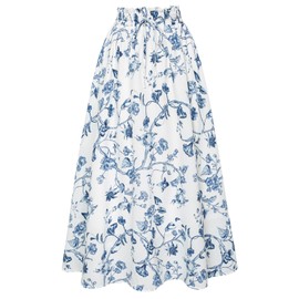 Victorian Skirt for Women Cottagecore Floral Elastic Waist Flowy Maxi Skirt Blue L