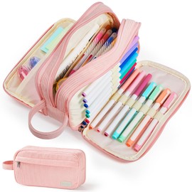 Sooez High Capacity Pencil Case, Soft Corduroy Pencil Pouch with 4 Compartments, Multiple Pockets, Large Pencil Bag with Sturdy Zipper, Cute Pencil Case Pouch Organizer for Student Teen Girls, Pink