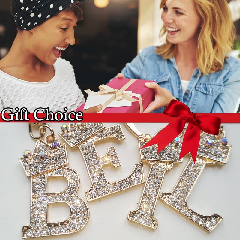 Gold Metal Initial Letter Keyring with Rhinestone Crystals - A-Z
