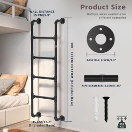 Black Metal Step Ladder Wall Mounted Loft Stairs Height Attic Bed Ladder 100-300cm Emergency Egress Ladder for Window Well Climbing Ladders for Dorm,Library,Bunk Bed,Deck,RV(110cm/