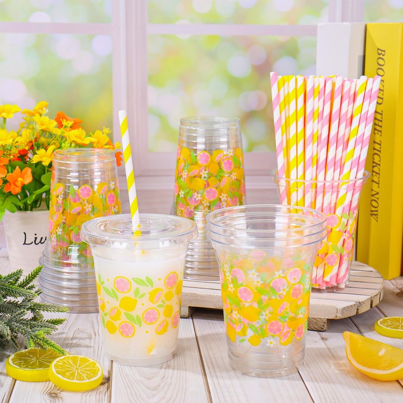 JarThenaAMCS 50 Pcs Summer Lemon Plastic Cups Disposable Cups with