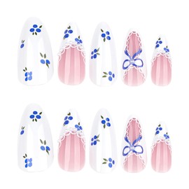 Press On Nails Medium Almond Shape – 24PCS Blue Bow French Tip Fake Nails with Pearl Accents, Floral Lace Design, Reusable Medium Length False Nails for Women, DIY Manicure