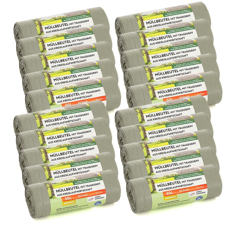 Bin Liners with Carry Handle, Grey, 95% Recycled Material (Grey