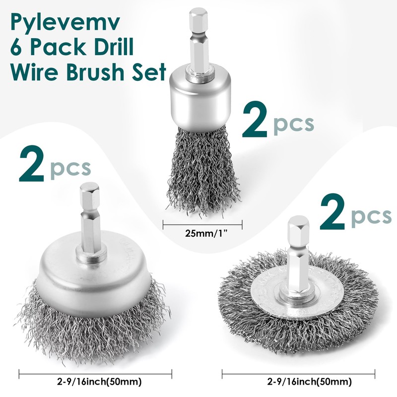 6 Pack Carbon Steel Drill Wire Brush, Cup/ Wheel/ Pen