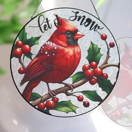 Christmas Cardinal Glass Window Suncatcher Let It Snow Red Bird Hanging Ornament with Berries Reinforced Glass Wall Xmas Party Home Birthday Sun Catcher Gift Decor