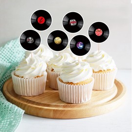 48pcs Black Glitter Vinyl Record Dessert Cupcake Topper - 50s 60s 80s CD Theme Theme Decor Supplies Home Vinyl Records CD - Happy Birthday Rock Star Vinyl Record Picks