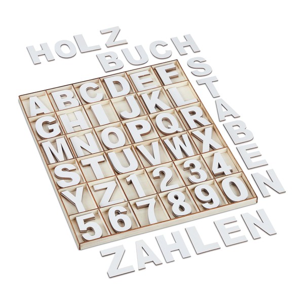 Relaxdays Wooden Letters & Wooden Numbers, 144-Piece Set, Uppercase Letters A-Z, Numbers 0-9, 5 cm, Wooden Decoration for Crafts, White