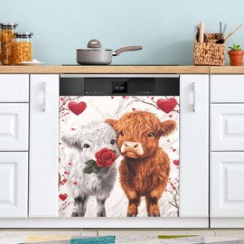 Kigai Highland Cow Valentine's Day Dishwasher Magnet Cover Decorative Magnetic Dish Washer Front Door Cover Panel Decal Trimmable Magnet Sticker for Kitchen Appliance Decor 23 x 26 Inch