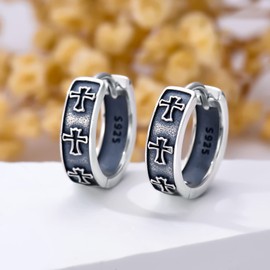 Unisex Creole Earrings 925 Sterling Silver Celtic Cross Hoop Earrings Viking Rune Hoop Earrings Sleeping Hoop Earrings Folding Hoop Earrings Ear Jewellery Gift for Men Women, Sterling Silver