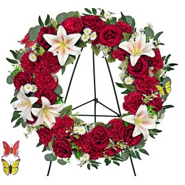 MUVIC Cemetery Wreath with Grave Holder, Memorial Day Wreaths for Gravesit Decoration,Funeral Artificial Flower Wreath-,Red Rose Carnation Daisy Lily