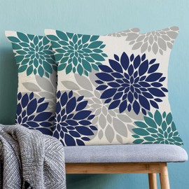 BETGINY Navy Blue Aqua Teal Summer Outdoor Pillow Covers 18x18 Inch 2 Pcs, Geometric Elegant Dahlia Floral Decorative Throw Pillows, Grey Flower Decor Pillowcase Linen Cushion Cover for Car Couch