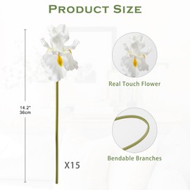 Hollyone Iris Artificial Flowers 15Pcs Faux Iris White Flowers 14.2" Real Touch Fake Flowers Picks Bouquets for Wedding Bridal Home Arrangements Office Table Centerpieces Decor